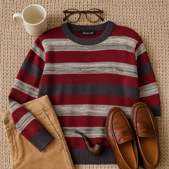 Studio 81 Striped Crewneck Sweater Men’s S GrandpaCore Retro Maroon Gray Knit - Picture 1 of 11
